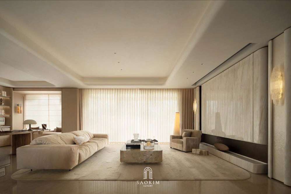 Thiết kế nội thất phòng khách phong cách Contemporary Quiet Luxury với bảng màu trung tính, đường nét tinh giản và vẻ đẹp sang trọng kín đáo.